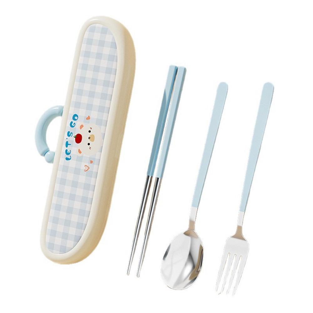 Stainless Steel Chopsticks Three-piece Set Cartoon Pattern Fork Dining Utensils Kit  Office Use