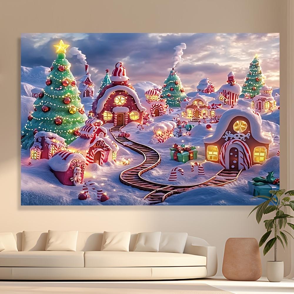 2D1 charming Christmas village background - fairyland winter snow scene gingerbread house and holiday decorations polyester