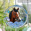 Acrylic Horse with Blue Flowers and Butterfly Suncatcher, Stained Glass Effect Window Hanging Ornament for Horse & Nature Lover Gifts