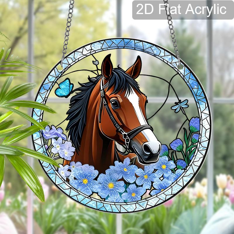 Acrylic Horse with Blue Flowers and Butterfly Suncatcher, Stained Glass Effect Window Hanging Ornament for Horse & Nature Lover Gifts