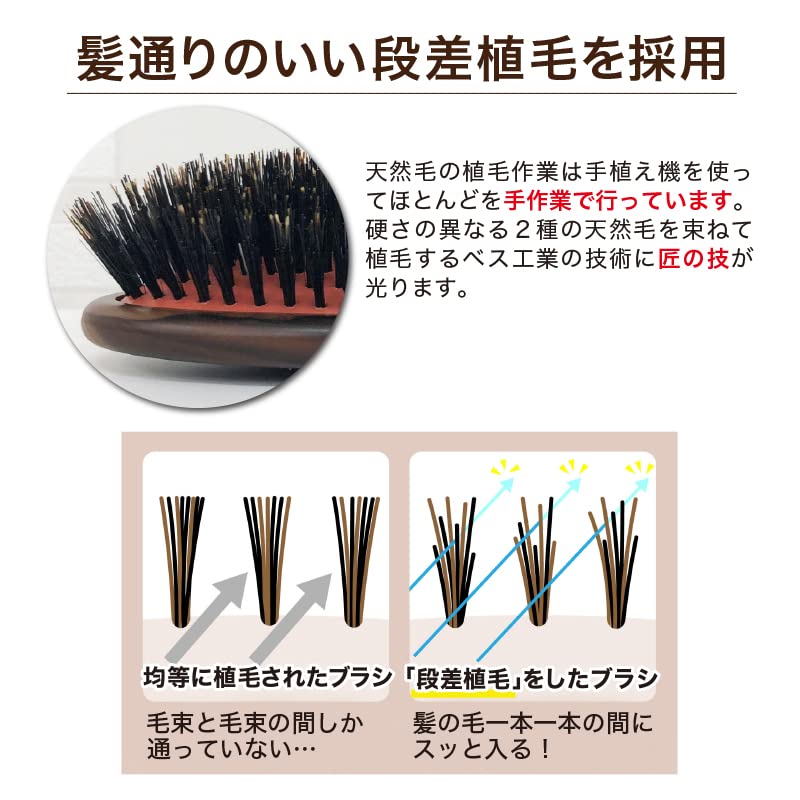 Bess VESS In Natural Bristle Cushion Brush with Stepped Brush Cleaner Gift [Made Japan] 100% Boar/Pig Bristles, 3-Way Included, Idea, SP-5000