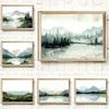 Misty Forest Mountain Lake River Watercolor Landscape Neutral Poster Canvas Printing Minimalist Wall Art Picture Home Room Decor