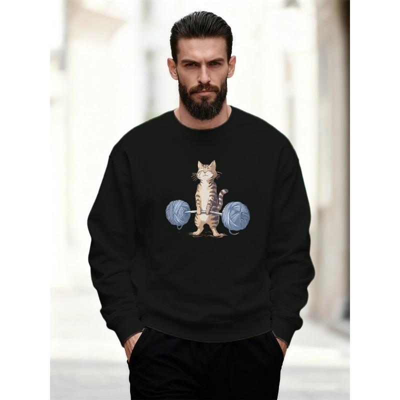 Men'S Casual Round-Neck Sweatshirt Featuring A Cat Design Lifting A Yarn Barbell