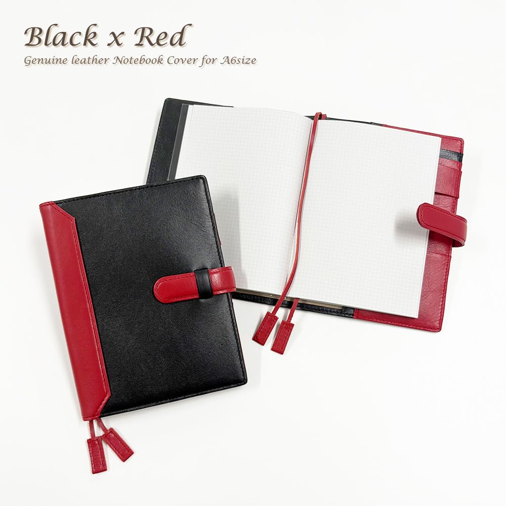 (Seal Al) A6 Size Leather Notebook Cover with Belt, Two-Tone Design (No Name Engraving, 01. Black X Red)