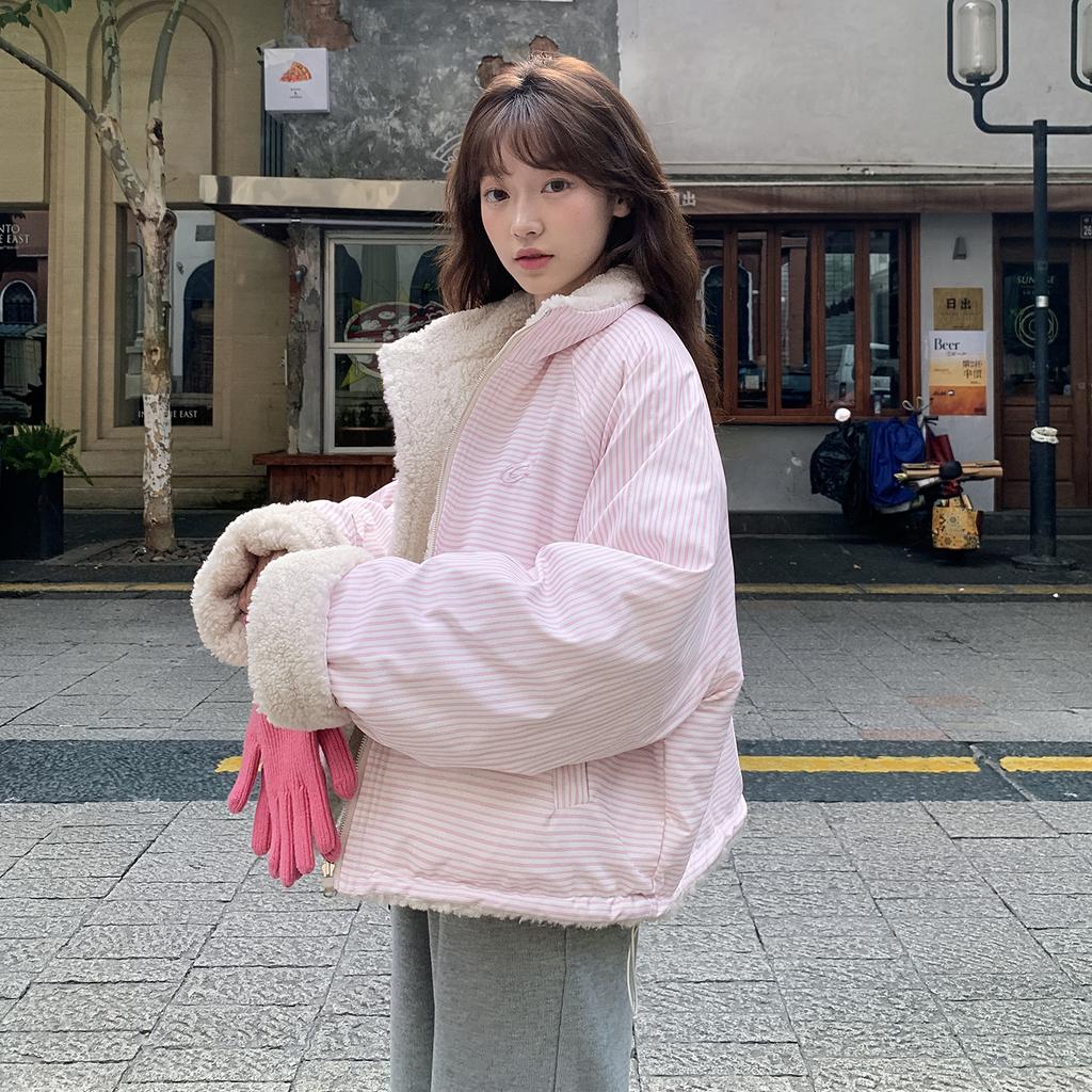 Striped Women's Autumn and Winter Velvet Thickened Korean Loose Stand-up Collar Cotton-padded Clothes