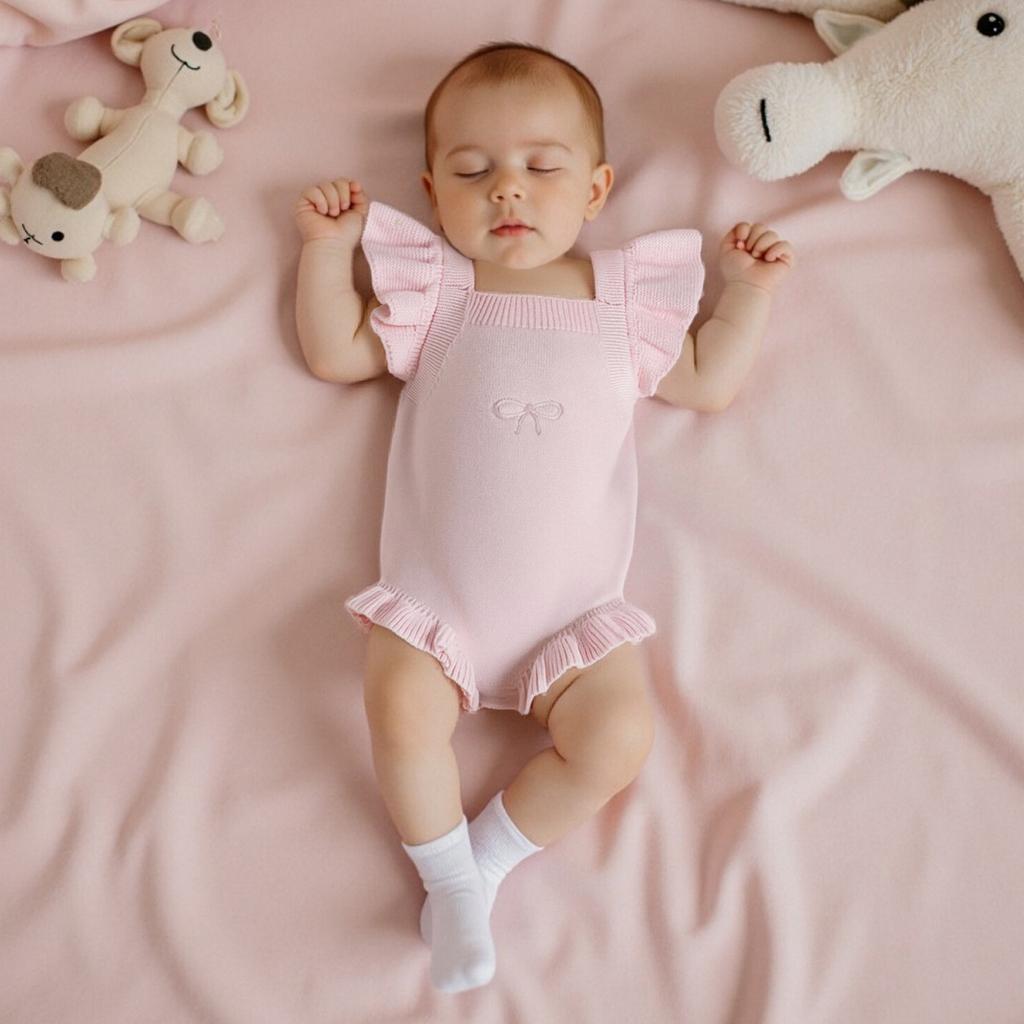 Baby Girls Ruffle Knit Romper Fashionable Bow Embroidery Flying Sleeve Jumpsuits