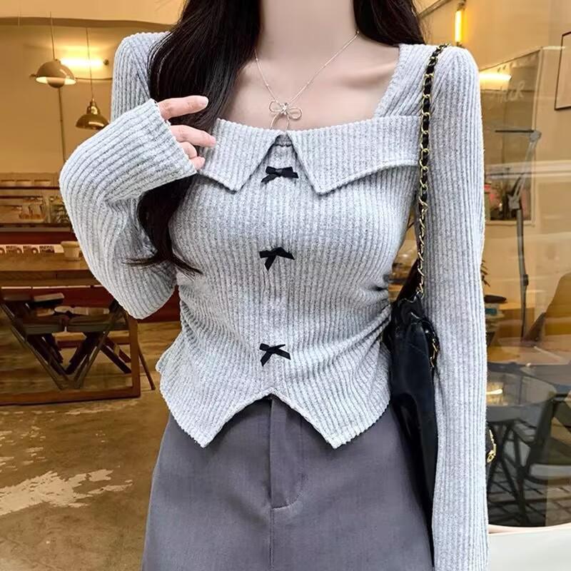 Korean Chic Long-Sleeved Knit Top for Women - Slimming Cropped Autumn/Winter Style