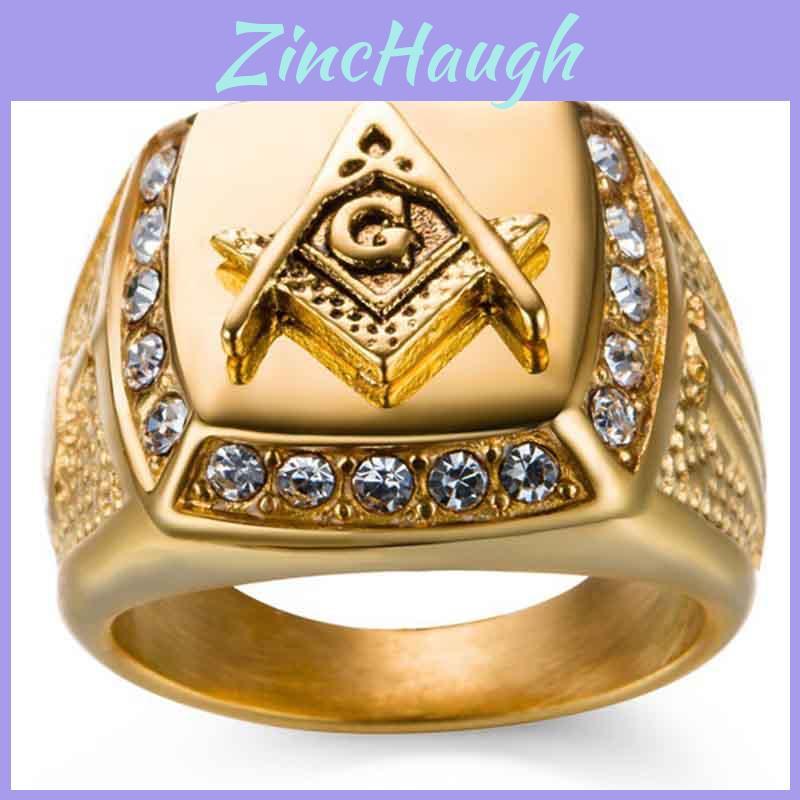 Stylish Mens Masonic Symbol Ring Featuring Sparkling Rhinestones And Geometric Design In Gold Tone