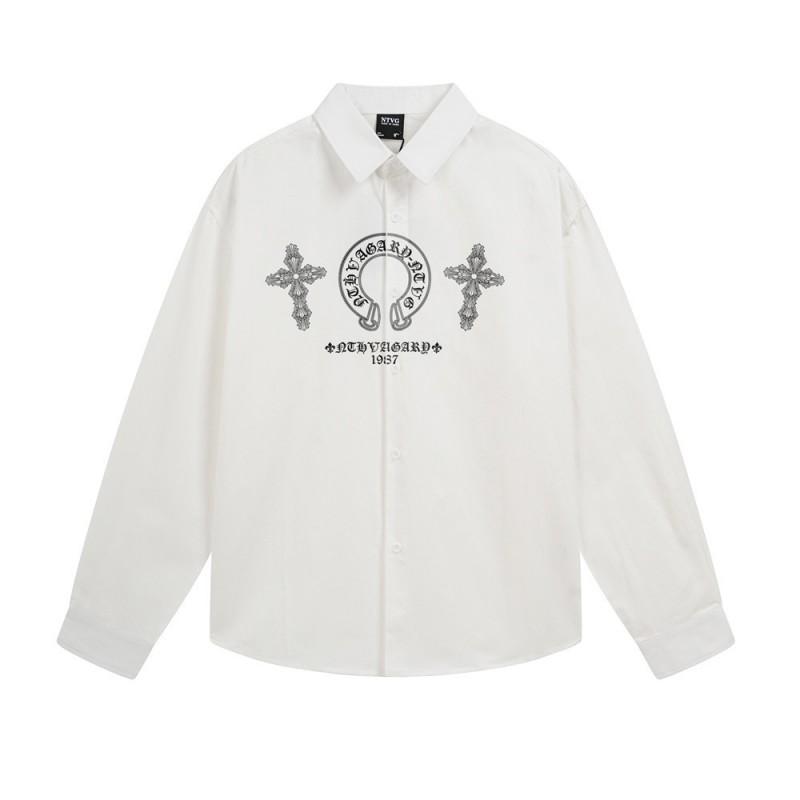 Mens Loose Fit Long Sleeve Cotton Shirt With Gothic Cross Print Streetwear Casual Top Fall 2025
