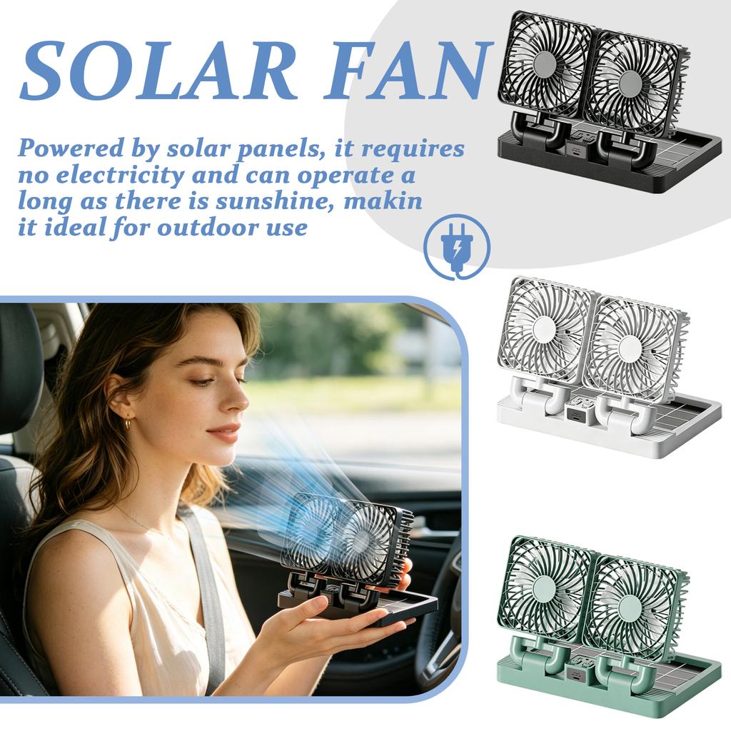Solar Powered Dual Head Car Fan with Adjustable Angle and USB Charging for Vehicle Interior Ventilation and Air Circulation