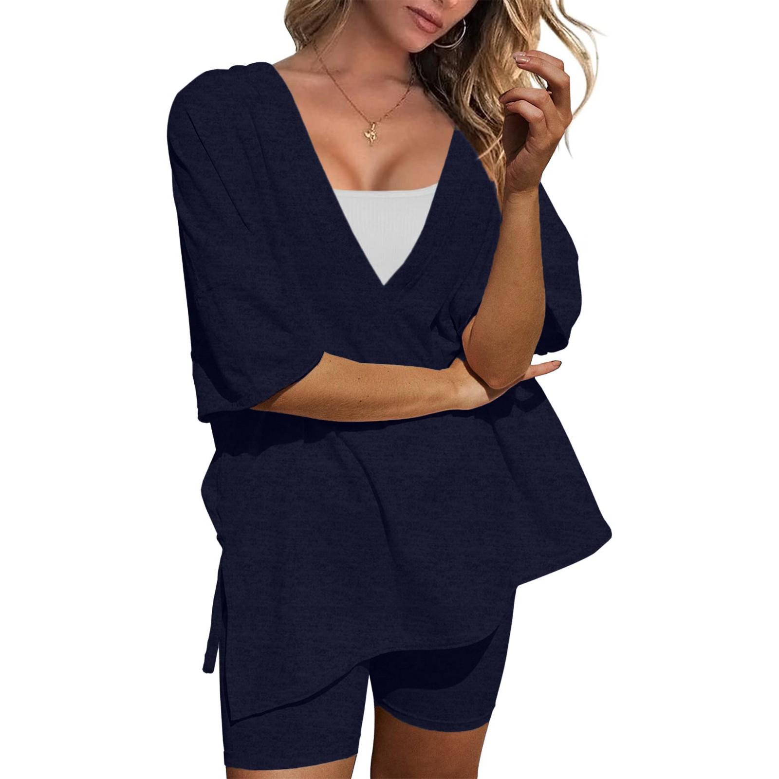 

Women s Summer 2-Piece Short Sleeves Drop Shoulder Big Kids Top And Bar Skinny Yoga Biker Shorts Set XXL