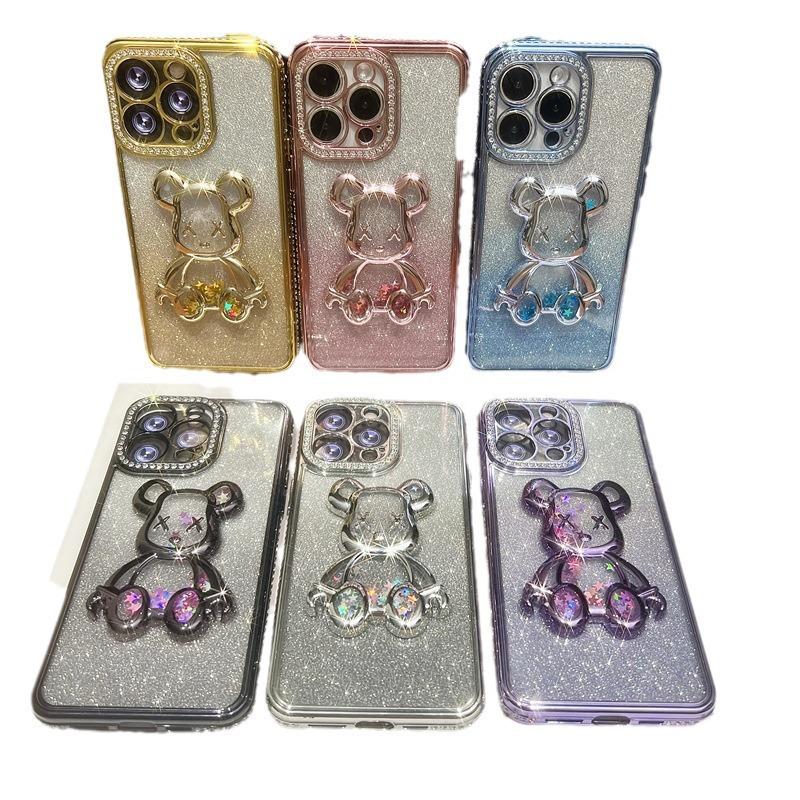 Quicksand glitter electroplating violent bear for iPhone16 mobile phone case 15 rhinestone gradual change 13 Apple 13 transparent case