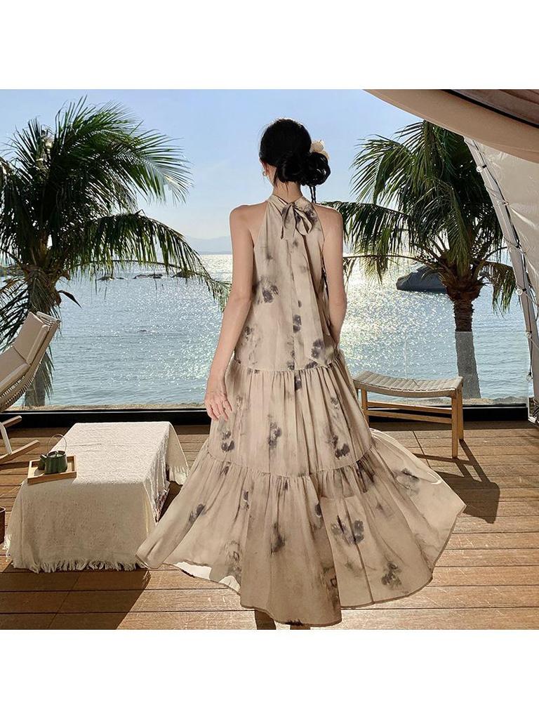 Apricot Women's Sleeveless Loose Summer Dress - New Chinese National Style