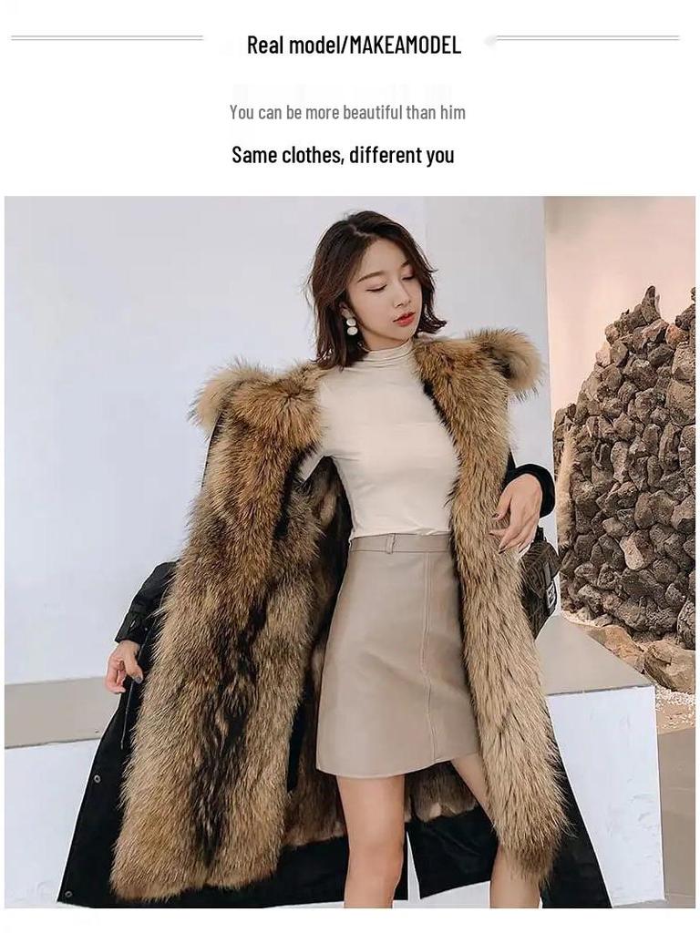 Women's Mid-Length Cotton Coat with Removable Faux Raccoon Fur Liner - Thickened, Plus Size