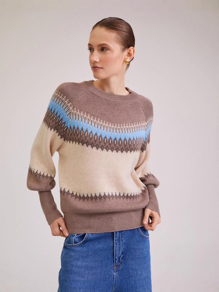 European & American Retro Patchwork Knit Sweater - Autumn/Winter, Round Neck, Long Sleeve