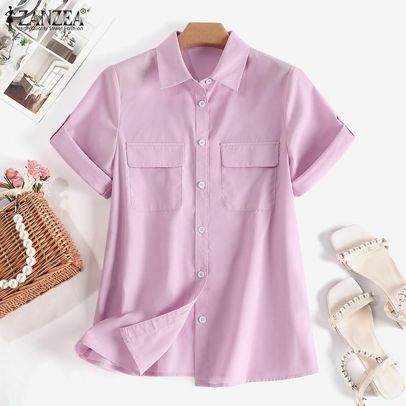 

ZANZEA Женская повседневная летняя блузка с отложным воротником и короткими рукавами