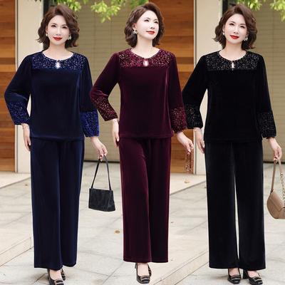 Traje de pantalón de 2 piezas Otoño Mujer Suelto Talla grande Blusa de terciopelo Pantalones de terciopelo de cintura alta Conjunto de dos piezas