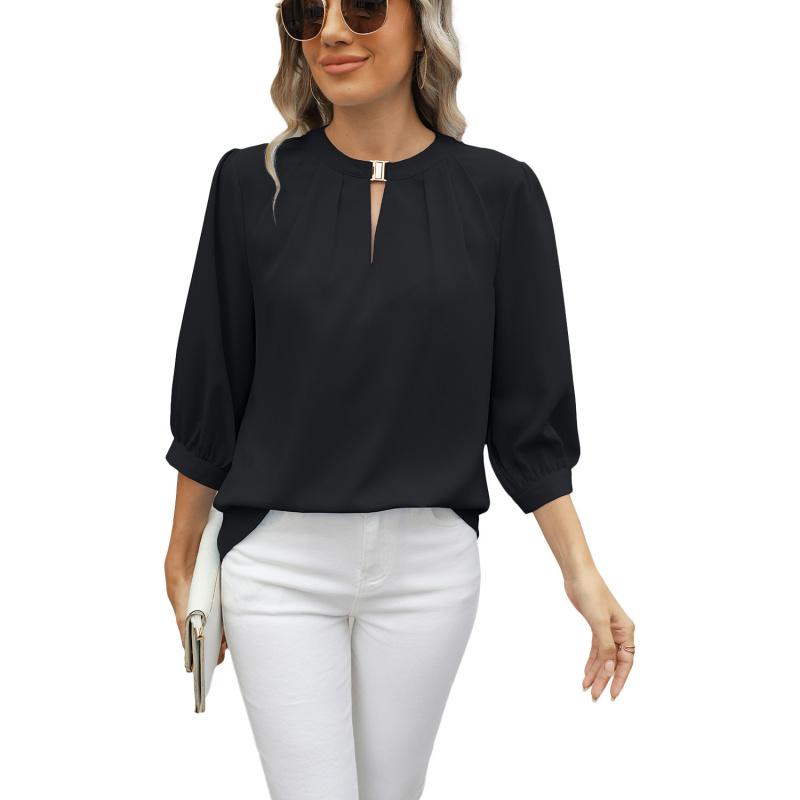 Women's Clothing 2026 Spring/Summer New Keyhole V-Neck Three-Quarter Sleeve Loose Chiffon Blouse for Women