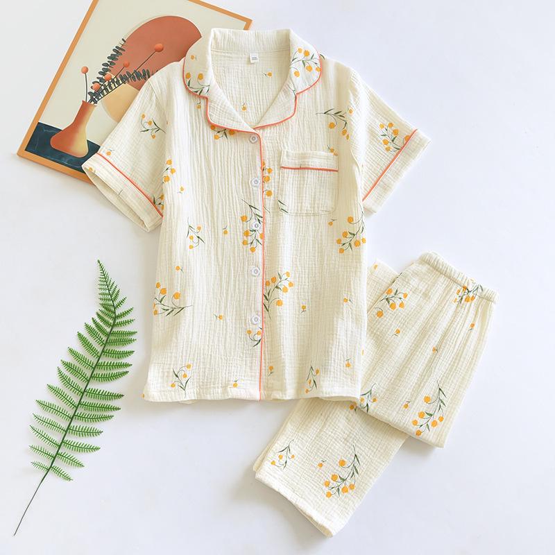 Women's Spring/Summer Short Sleeve Pajama Set - Crepe Cotton, Long Pants, Thin Air Conditioning Suit