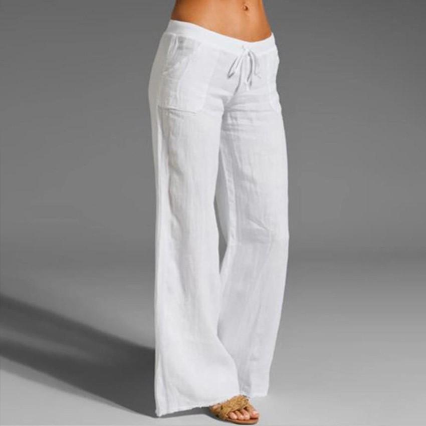 Women's High Waist Wide Leg Flare Pants - Cotton Linen Casual with Pockets