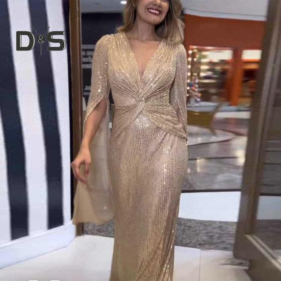 Kvinner aftenkjole Delte ermer Dyp V-hals Skinnende paljett Slim Fit Tight midjeknute Plissert Full lengde Ensfarget Lady Ball Bankett Maxikjole