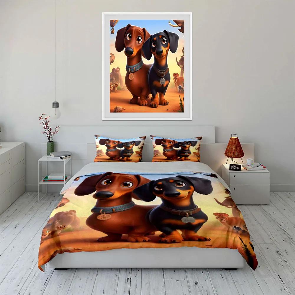 3Pcs Dachshund Bedding Set Cute Cartoon Wiener Dogs Print Duvet Cover + 2 Pillowcases Large-sized home decor gifts