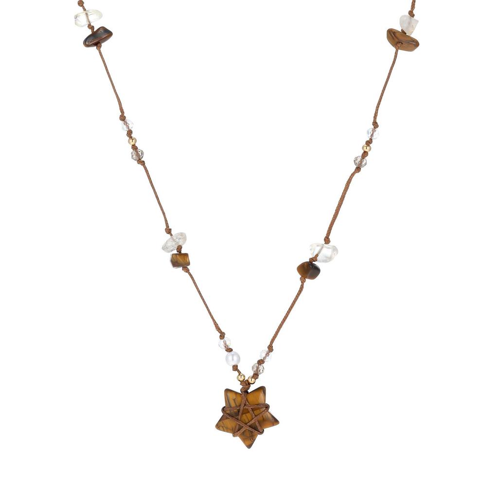 Women's Ethnic Five-Pointed Star Necklace with Tiger Eye Beads On Adjustable Cord