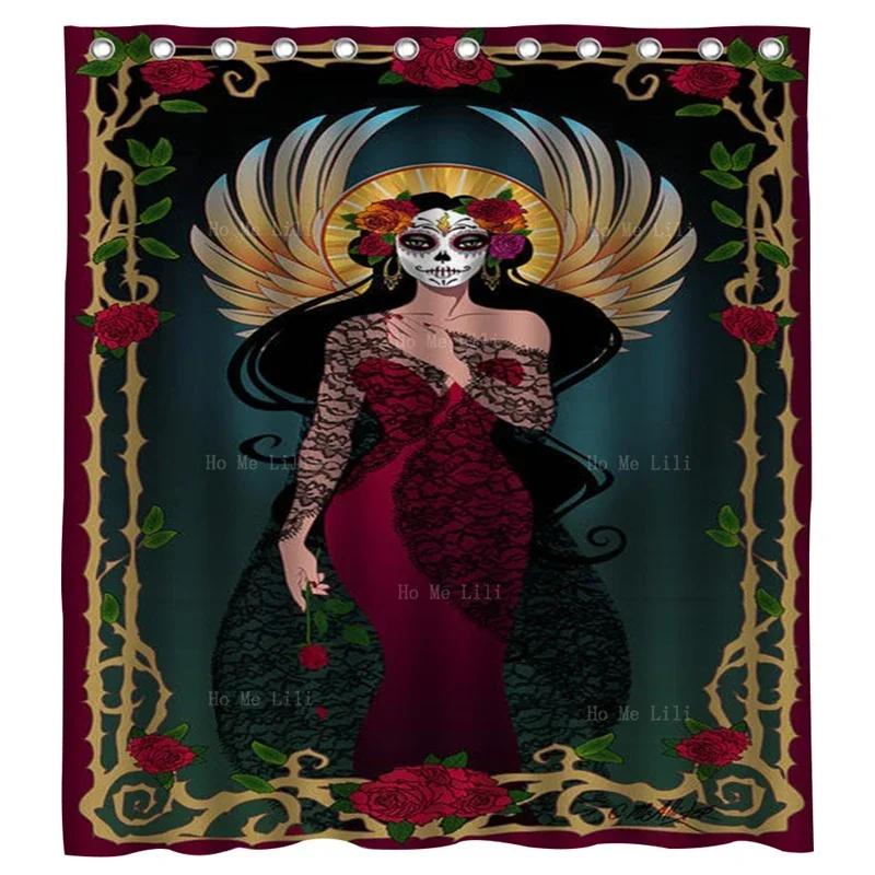 

Pink Skull Dead Skeleton Head And Blue Roses Christian Art Santa Muert Prince With Thousand Enemies Shower Curtain By Ho Me Lili W60H190(CM)-1 Pcs