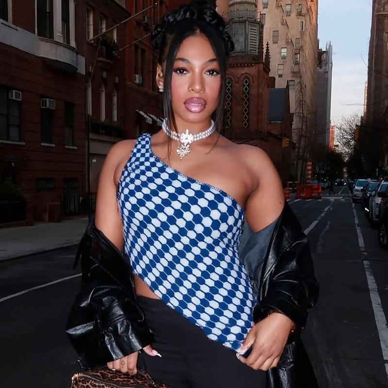 Women s Spring and Summer Cross-body Off-shoulder Pullover Short Top with Irregular Small Curls S синий