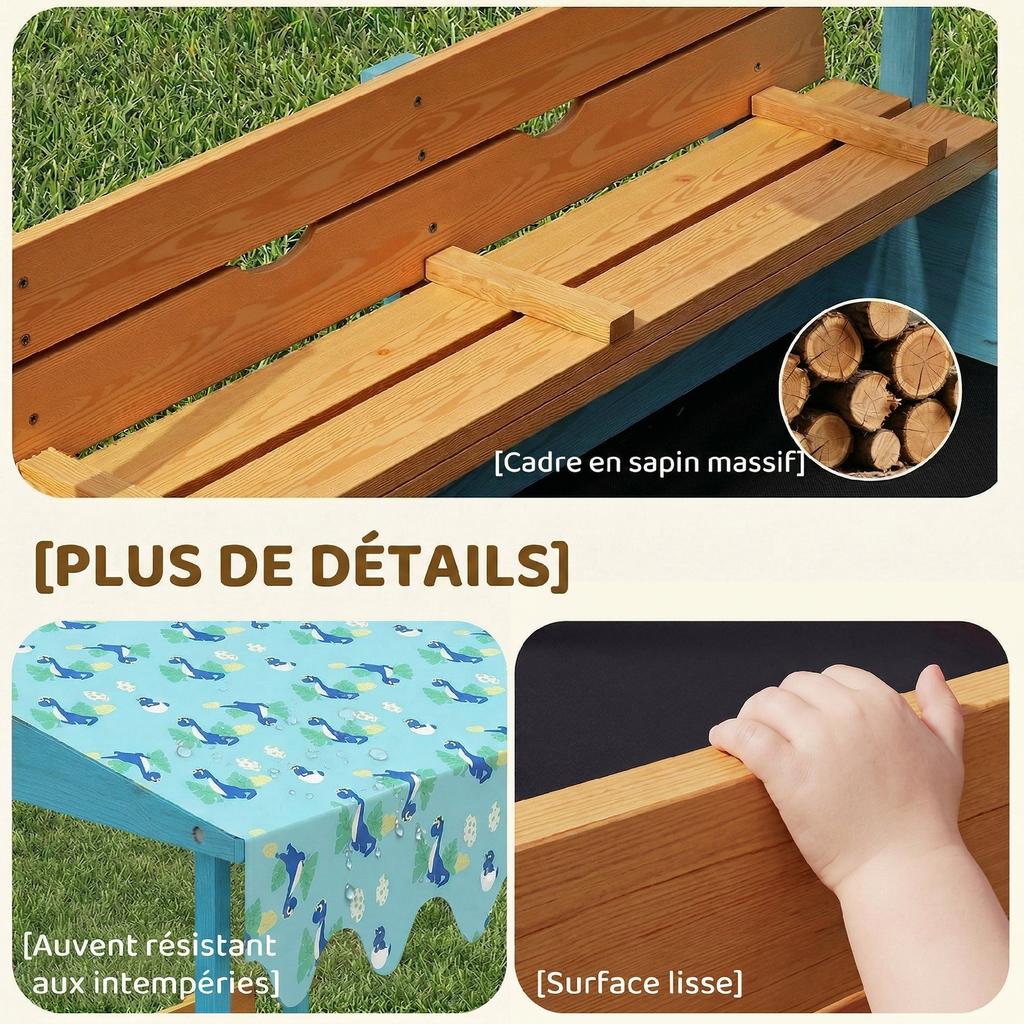 Wooden Sandbox with Lid, Children's Outdoor Sandbox with Foldable Seat, Blue Flamingo Printed Canvas