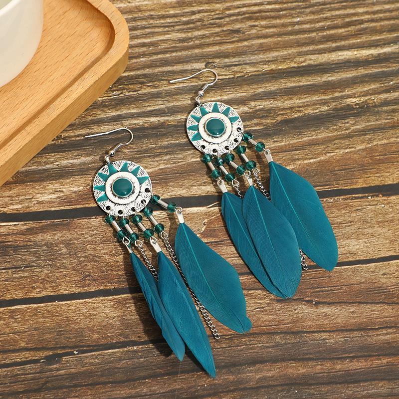Trendy Ethnic Retro Multicolor Feather Beaded Circle Dangle Earrings