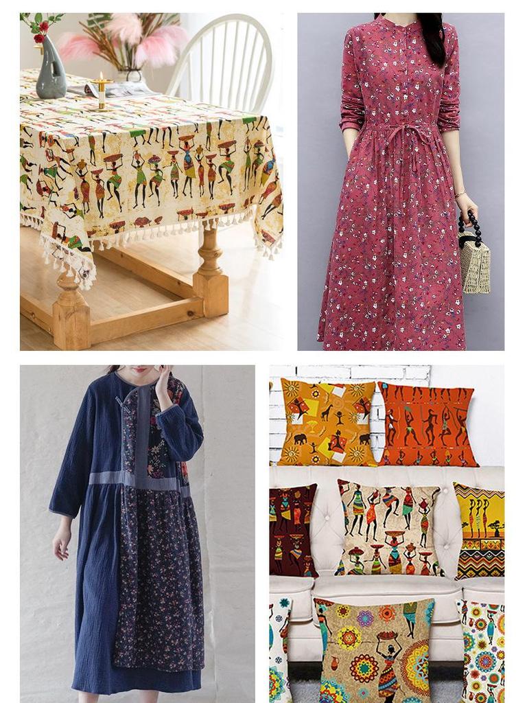 Retro-Style Cotton & Linen Ethnic Print Fabric for Tablecloths, Curtains, Bohemian Clothing - Yunnan Lijiang Design