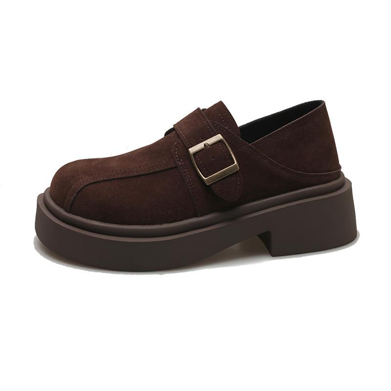 

Brown round head platform small leather shoes women s autumn and winter with skirt 2025 new retro height-increasing Mary Jane single shoes 40
