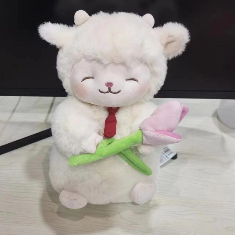 Non-Toxic White Woolen Doll With Standing Posture Cute Sheep Kawaii Pink Lamb Super Soft Holding Flowers Kawaii Gift 27Cm