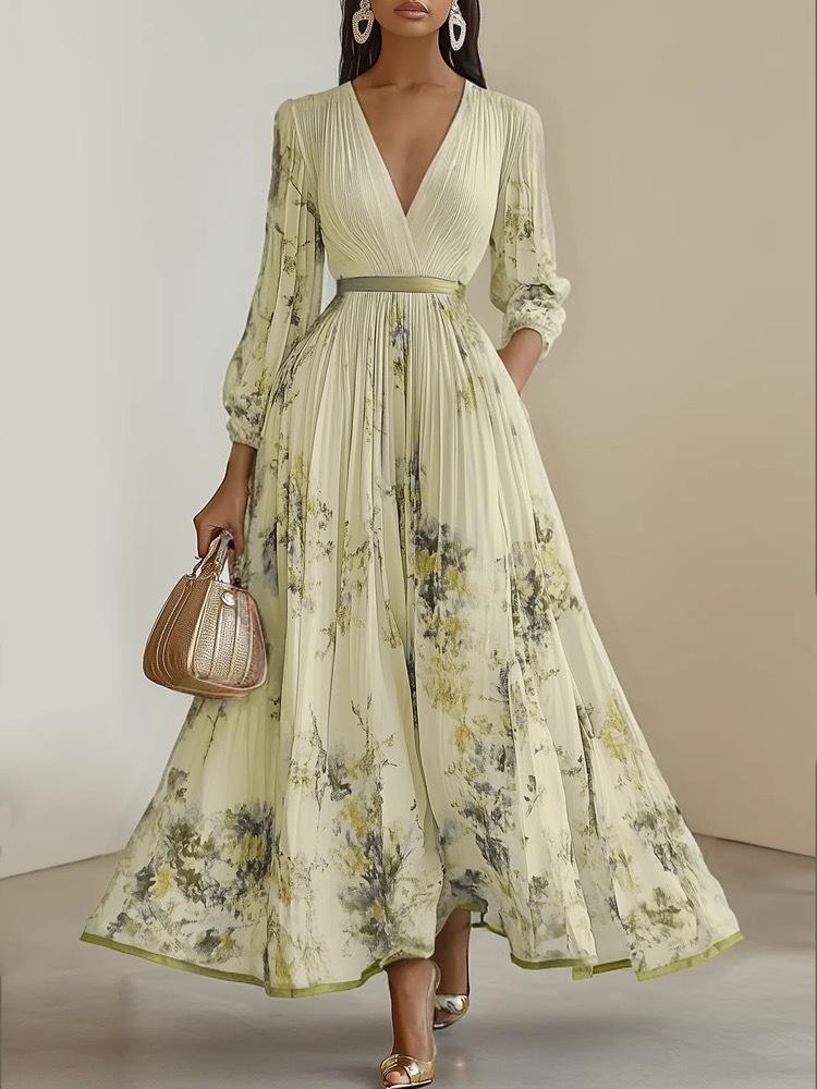 Women's Floral Print V-Neck Long Sleeve Maxi Dress with Belt, Elegant Ruffled Hem A-Line Dress
