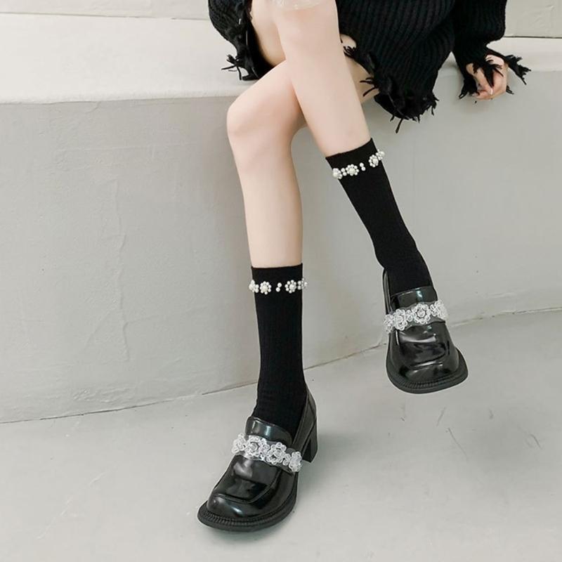 Simple Pearl Knee High Socks Cotton Calf Socks Sweet Knee High Stockings Lolitas Princess Socks for Womens Girls Gifts