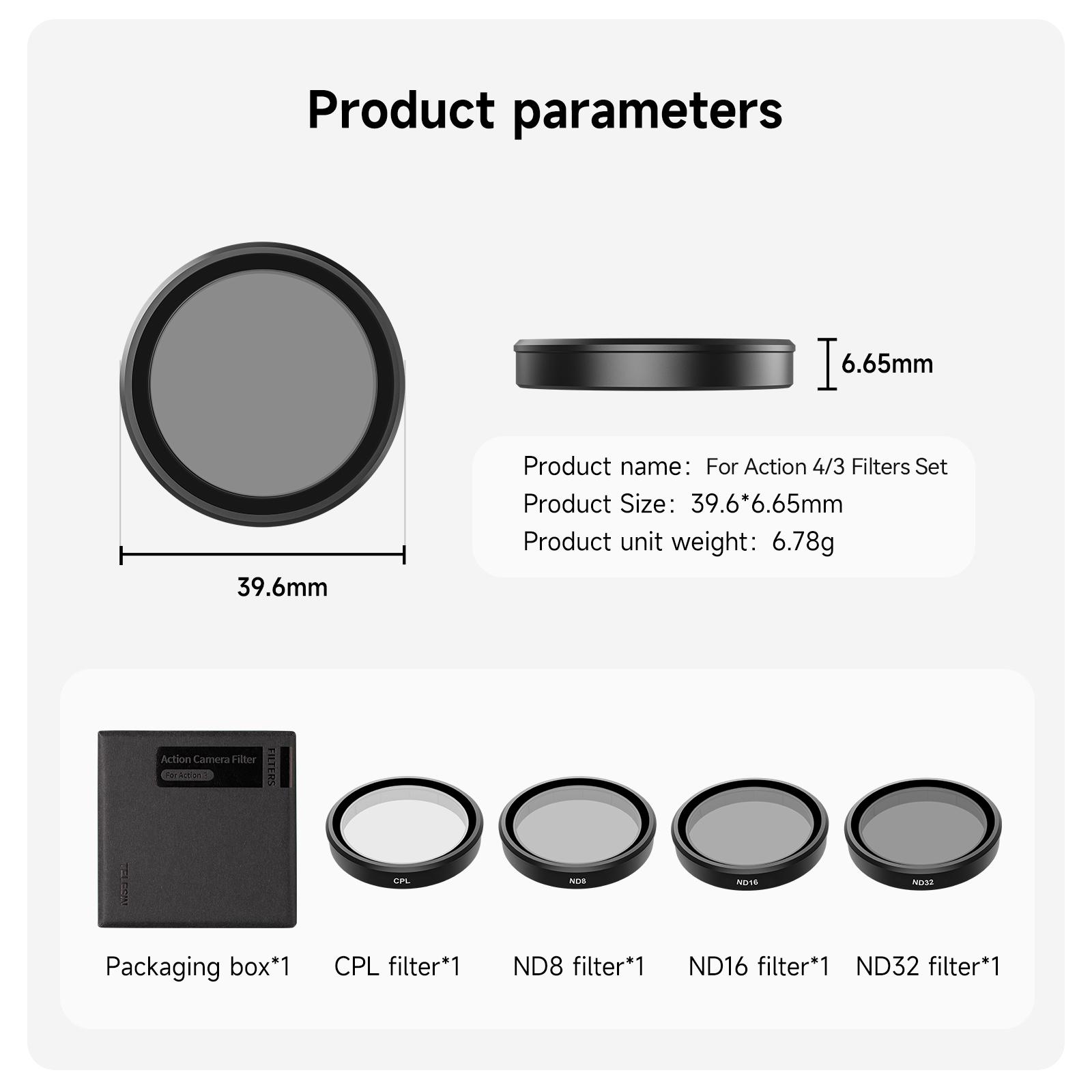 

TELESIN CPL ND8 ND16 ND32 Lens Set Aluminium Alloy Frame for DJI OSMO Action 3 4 5pro ND CPL Filter Action Camera Accessories CPL ND8 ND16 ND32 чёрный