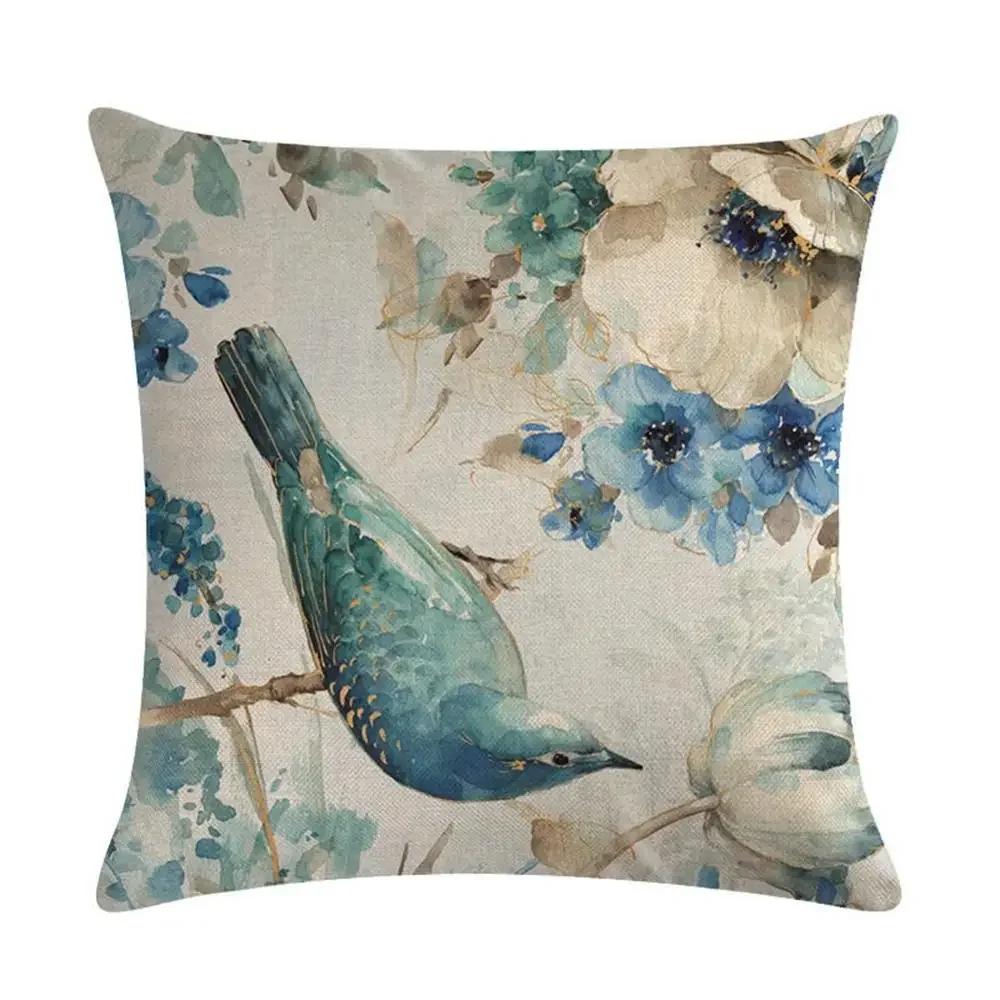 Vintage Pillowcase Printed Flower Linen Square Soft Pillow Case Sofa Seat Living Room Home Decor Cushion Cover 45*45Cm