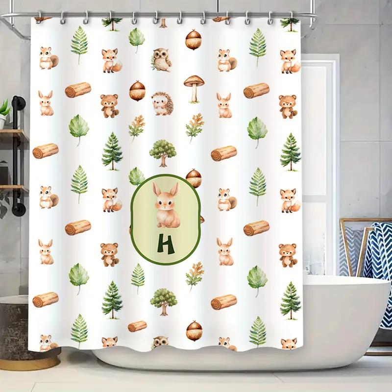 Süßer Duschvorhang mit Tierprint, Wasserdicht, Heimdekoration für Badezimmer, Thema Grünzeug Waldtiere mit Füchsen, Bären, Eichhörnchen Design