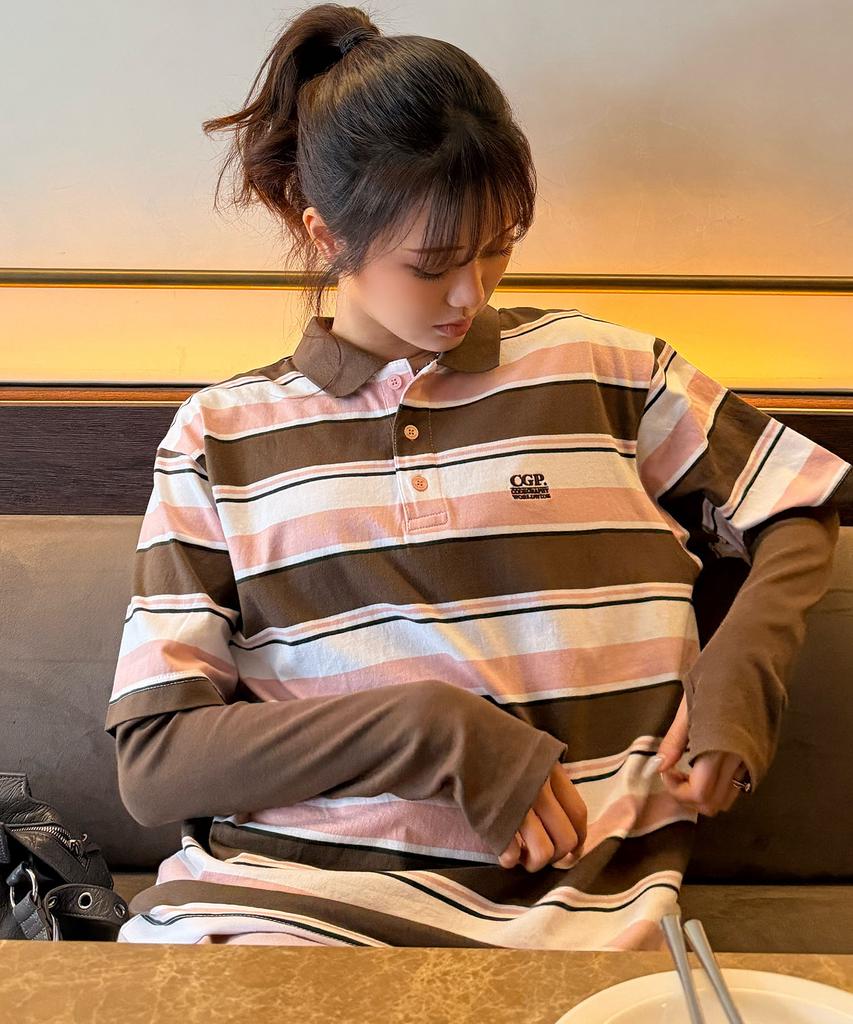 CGP Multi-Stripe Short-Sleeve Collared T-Shirt - Brown