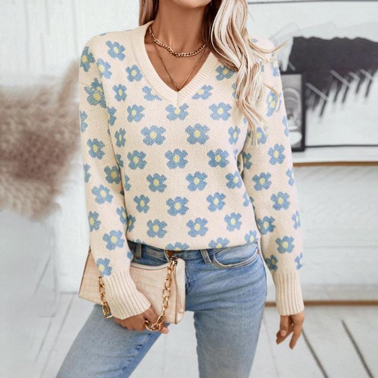 Vintage Loose V-Neck Knitwear Sweater Long Sleeve Print Pullover Top for Autumn Winter