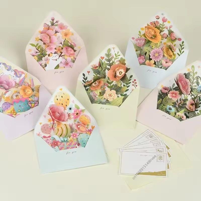 Romantic 3D Pop-up Flower Greeting Cards Birthday Christmas Postcard with Envelope Paper Cards Set for Wedding Party Decor Gifts