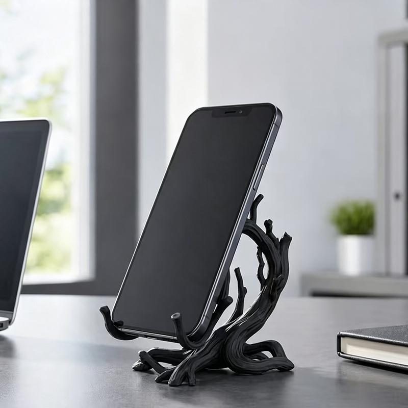 3D Printed Twisted Tree Root Phone Stand Holder Unique Branch Shaped Desktop Decor Sculpture Minimalist Black Cell Phone Support