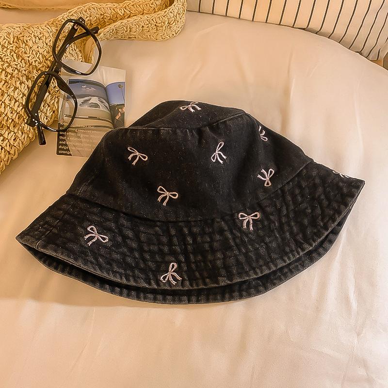 Washed Bow Denim Bucket Hat Women's Summer Big Head Circumference Washbasin Hat Sunshade Sunscreen Hat