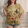 Summer Round Neck 3D Print Flower Pattern Top Fashionable Casual Retro Ethnic Style Short Sleeved Women's T-shirts