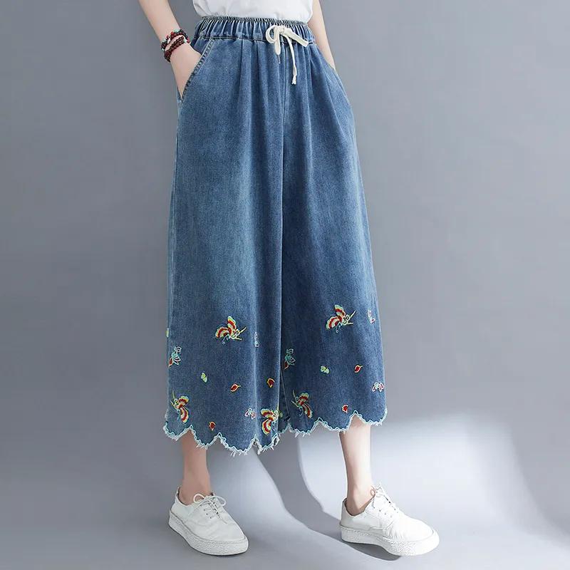 Frühlings- und Sommermode Übergröße Bestickt Elastischer Bund Denim Weitbeinige Hosen Locker Cropped Hosen