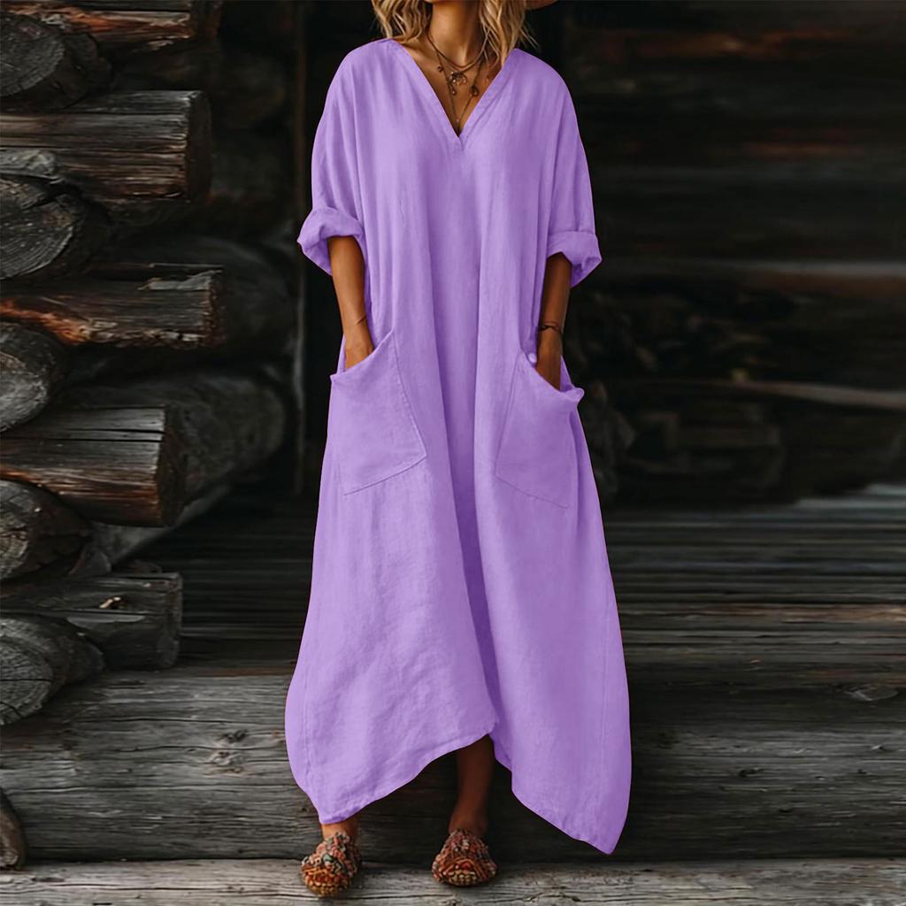 Women's V-neck Long Dress With Pockets