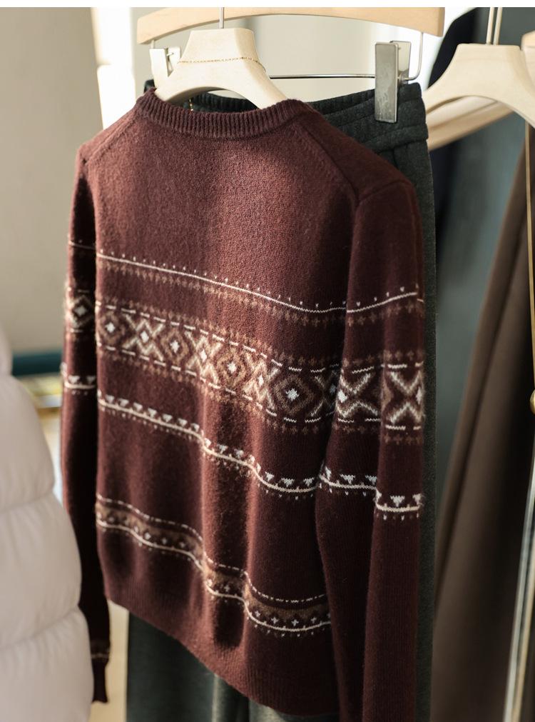 Women's Retro Fair Isle Wool Jacquard Round Neck Loose Cardigan Sweater, Autumn Collection