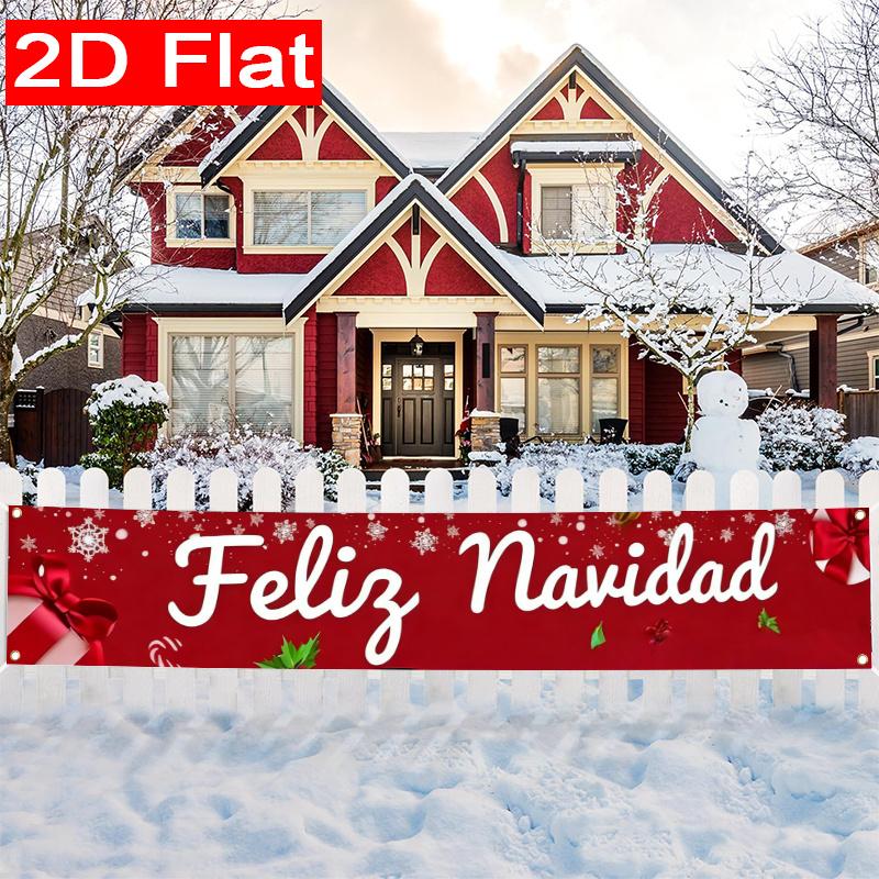 Feliz Navidad Xmas Holiday Banner, Durable Polyester Outdoor Yard Sign for Garden Fence