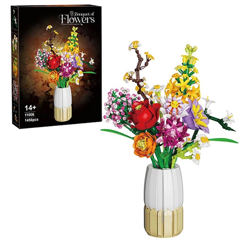 

1458PCS Flower Bouquet Building Blocks Rose Daisy Hyacinth Model Desktop Decoration Educational DIY Romantic Gift For Kids Adult
